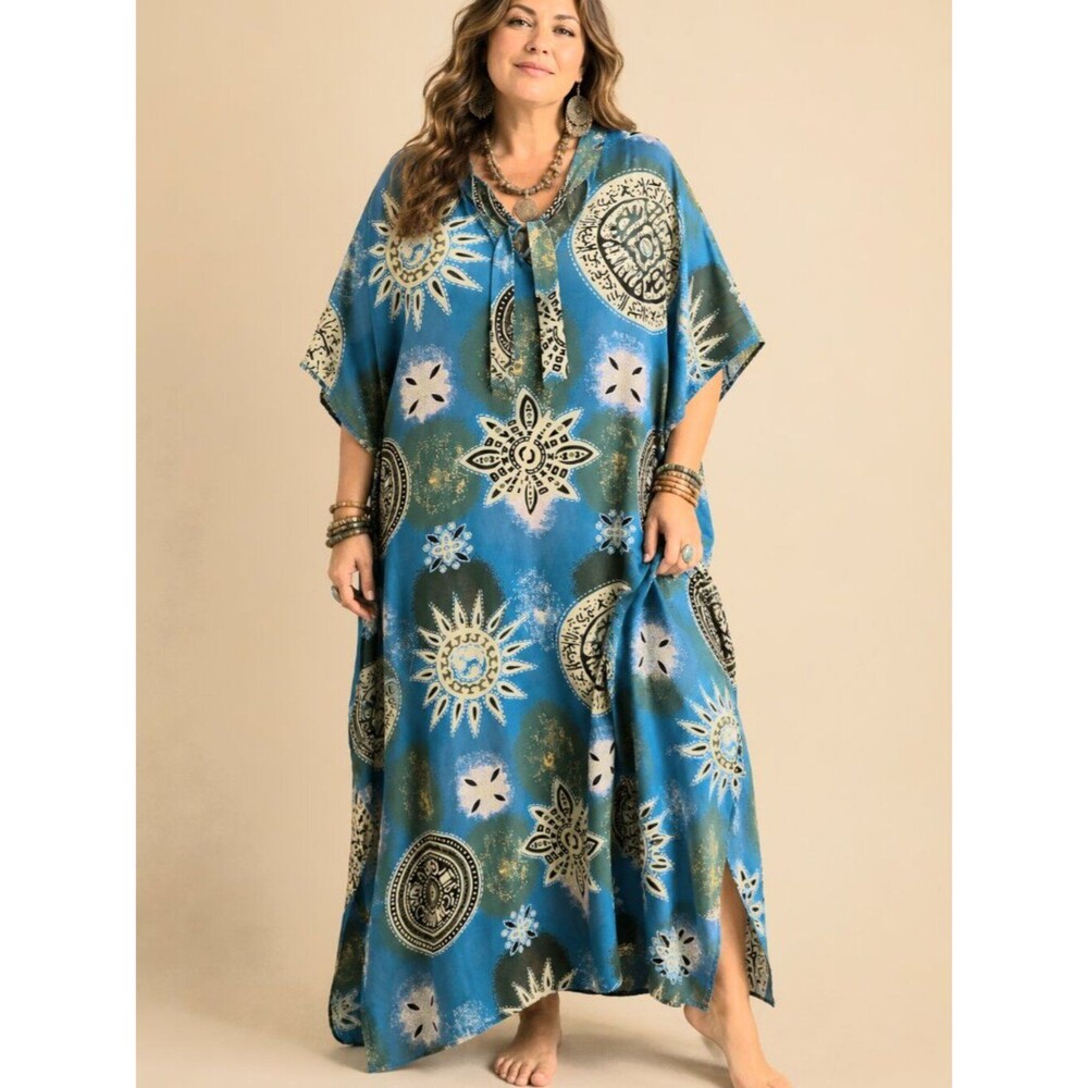 ASHRO Maxi Caftan Celestial Print Blue & Green Pakistani Kaftan One Size